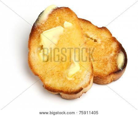 Hot buttered toast slices on white background