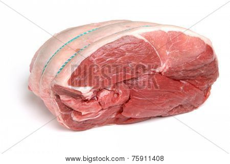 Boneless lamb leg steak meat on white background.