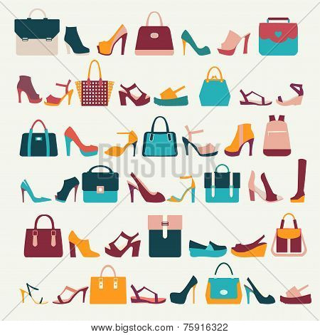 Set Icons Of Women Bags And Shoes - Illustration