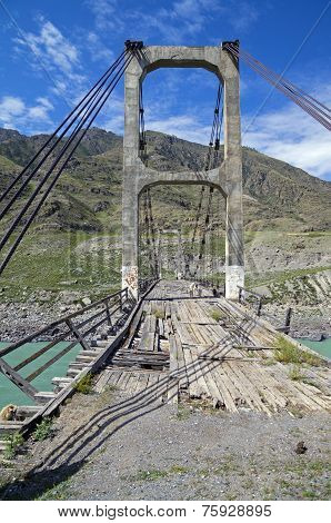 Abandoned Bridge Over The River Katun, Altai.