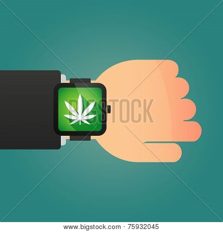 Hand With A Smart Watch Displaying A Marijuana Leaf