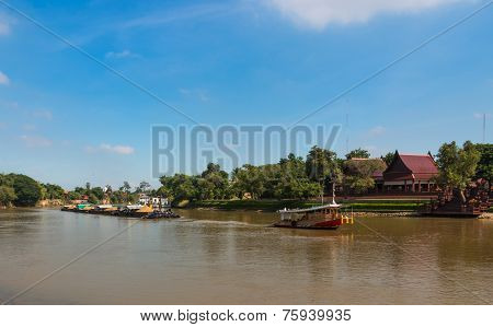 Tugboat And Barge Carry Sand Along The Chaophraya River