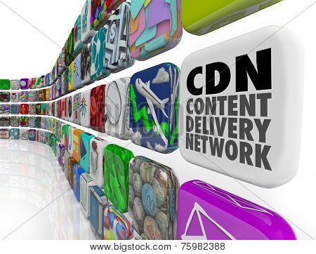CDN Content Delivery Network words on an app tile to illustrate software, apps, technology, servers or programs for supplying photos, videos, articles or information to an audience