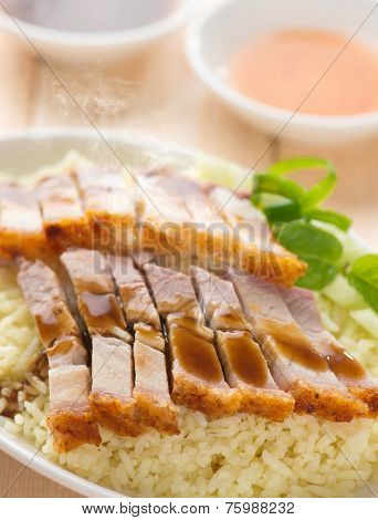 Chinese roasted pork belly rice served with soy and seafood sauce. Malaysian cuisine. Fresh cooked with hot steam and smoke.