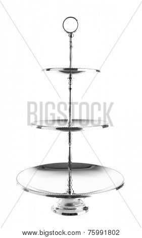 Three tiered silver serving tray isolated on white