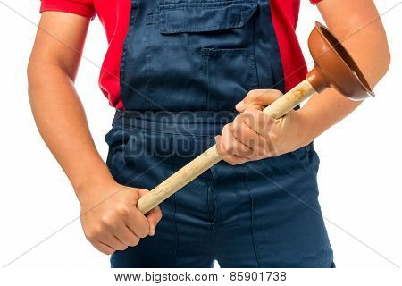 Plunger For Pipe In The Hands Of A Plumber