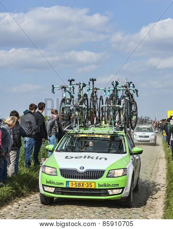 The Car Of Belkinteam On The Roads Of Paris Roubaix Cycling Race