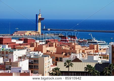 Almeria port and rooftops.