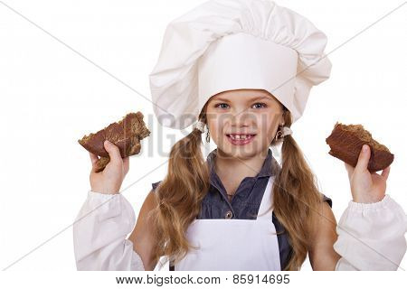 Cooking and people concept - smiling little girl in cook hat, isolated on white background