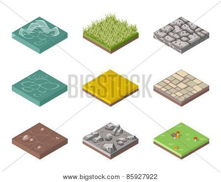Ground surfaces. Grass, rocks and water