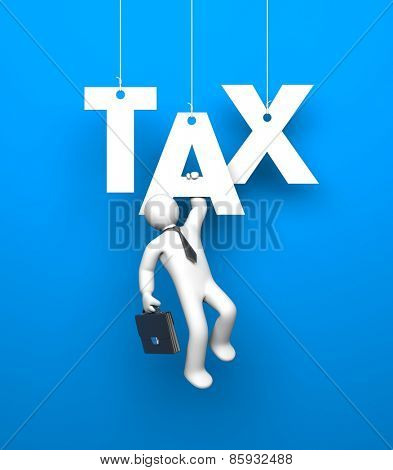 White 3D man dressed like a businessman hangs on the letter grasping her hand. The letters suspended by ropes on an blue background.