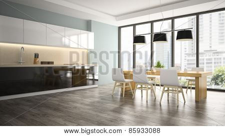Part of interior dining room 3D rendering 
