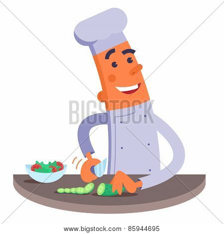 Cartoon chef cuts the vegetables for salad
