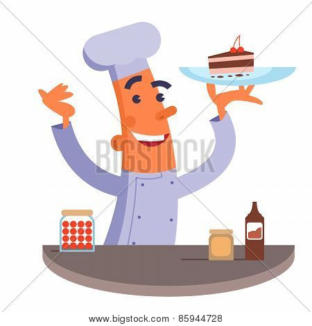Cartoon chef holding plate with cake