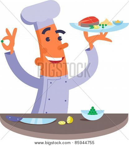 Cartoon chef holding plate with fish steak