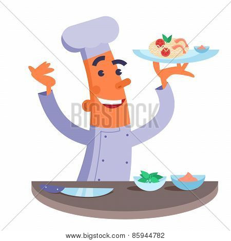Cartoon chef holding plate with pasta and shrimps