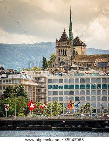 Geneve, Switzerland - 11 May 2014:  view of the modern embankment and the center of Geneva, Switzerland