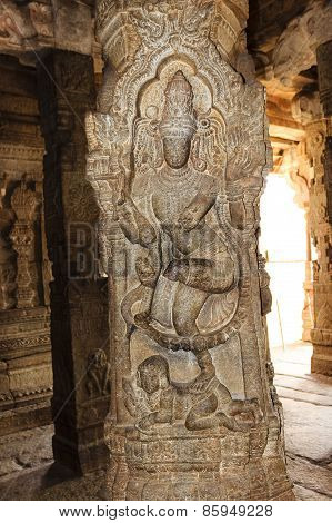 Statue of Lord Veerabhadra in temple pillar at Lepakshi, Andhra Pradesh, India