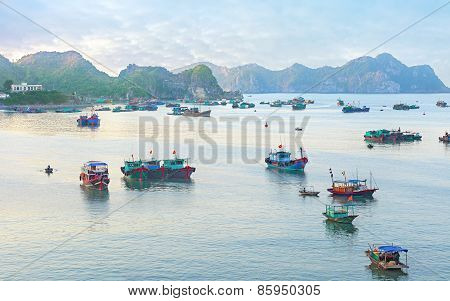 Dreamy seascape with authentic colourful boats