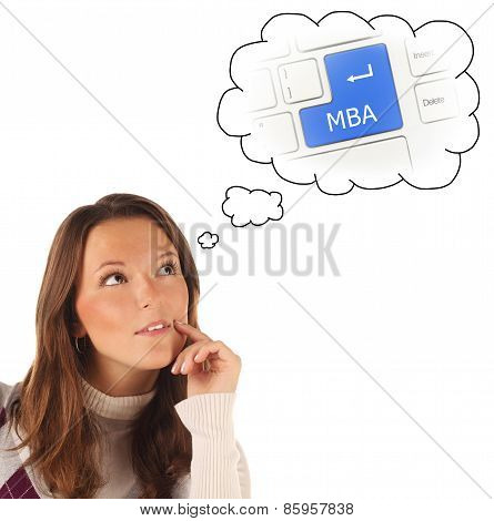 Close-up Portrait Of Girl Dreaming About On-line Mba Training (isolated)