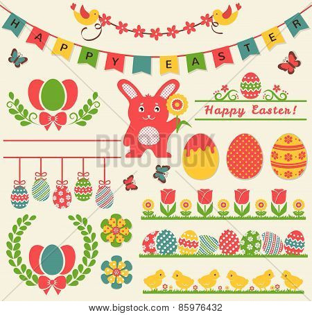 Happy Easter! Retro Design Elements. Vector Set.
