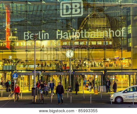 Berlin Main Station Frontview In Berlin By Night