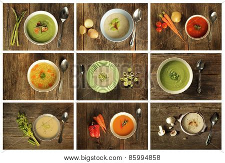 Different variety of soup on wooden background. Broccoli, celery, asparagus and leek, vegetable, mushroom etc.