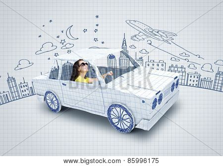 Young woman riding car made of list of paper