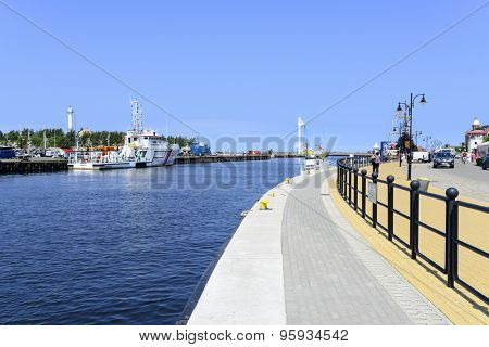 USTKA - JULY 07: View of the river Slupia with promenade and marina on 7 July 2015 in Ustka, Poland.