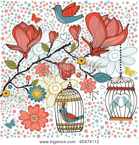 Elegant card with flowers bids and cages