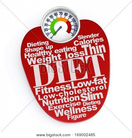 3D rendering Weight scale with dieting concepts written in non-skid tape. 