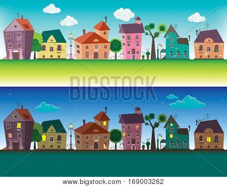 Small towns houses at daytime and nighttime
