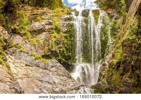 beautiful water fall in forest, new zealand, waipu, piroa falls