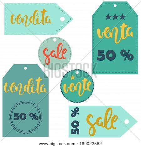 Vector sticker illustration. Sale vente venta vendita. Labels in different languages.