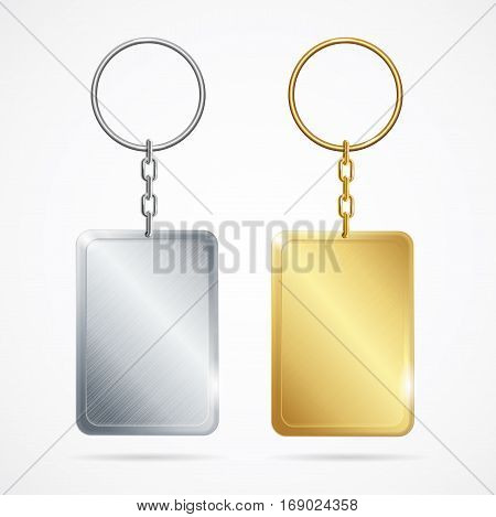Realistic Template Metal Keychains Set Golden and Silver Rectangle Shape. Vector illustration