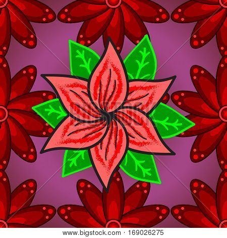 Seamless pattern with red grdient petals flowers on violet background. Vector illustration.