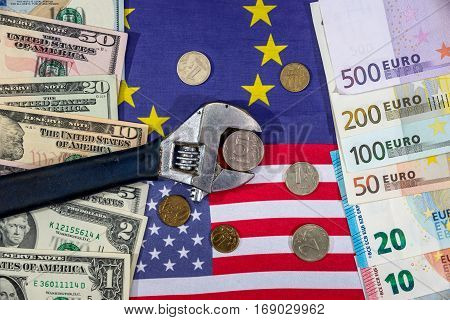 inflation ruble. russian sanctions. euro and dollar vs ruble. flag.