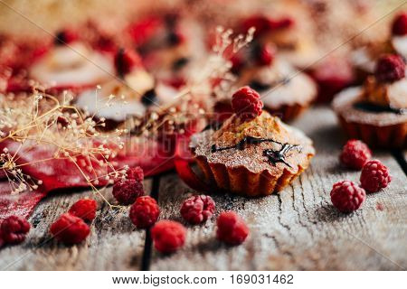 Delicious Chocolate Cupcakes With Berries On Wodeen Table, Top V