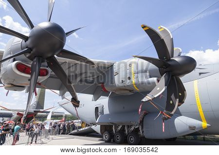 BERLIN / GERMANY - JUNE 3 2016: german Airbus A 400 M propeller engines. The Airbus A400M is a multi-national four-engine turboprop military transport aircraft.