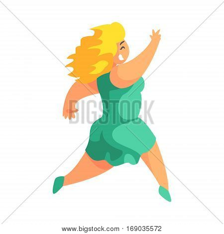 Happy Blond Plus Size Woman In Short Green Summer Dress Running Enjoying Life, Smiling Overweight Girl Cartoon Characters Flat Vector Illustration With Pleasantly Plump Cute Lady On White Background.