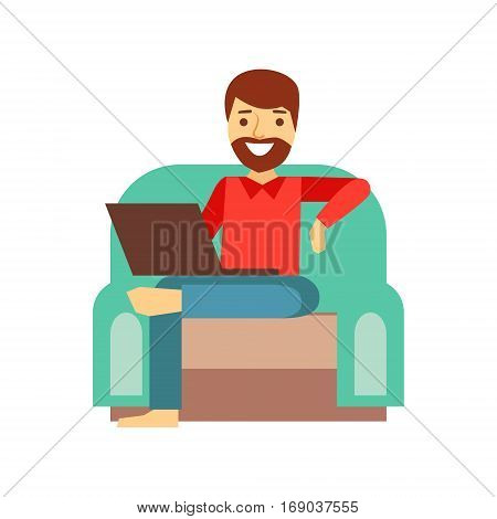 MAn At Home In Armchair With Lap Top, Person Being Online All The Time Obsessed With Gadget. Modern Technology Devices And Internet Life Impact Simple Vector Illustration.