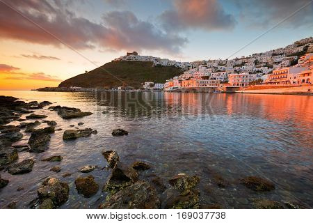 Old harbour, chora and the castle on Astypalea island.