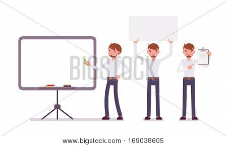 Set of young happy male clerk in formal wear, standing near empty whiteboard, holding frame, paper and poster for copyspace, presentation of information, full length, isolated, white background