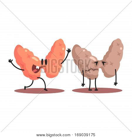 Thyroid Human Internal Organ Healthy Vs Unhealthy, Medical Anatomic Funny Cartoon Character Pair In Comparison Happy Against Sick And Damaged. Vector Illustration Humanized Anatomic Elements.