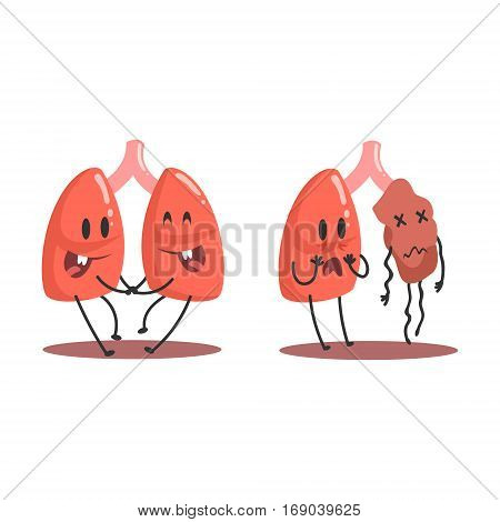 Lungs Human Internal Organ Healthy Vs Unhealthy, Medical Anatomic Funny Cartoon Character Pair In Comparison Happy Against Sick And Damaged. Vector Illustration Humanized Anatomic Elements.