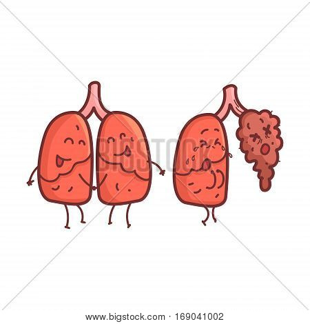 Lungs Human Internal Organ Healthy Vs Unhealthy, Medical Anatomic Funny Cartoon Character Pair In Comparison Happy Against Sick And Damaged. Vector Illustration Humanized Anatomic Elements.