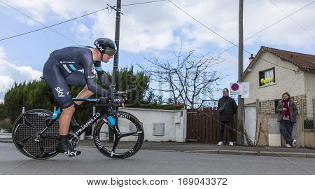 Conflans-Sainte-HonorineFrance-March 62016: The English cyclist Ian Stannard of Team Sky riding during the prologue stage of Paris-Nice 2016.
