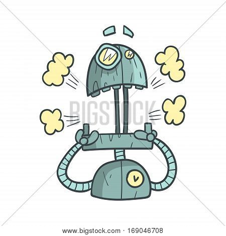 Shocked And Scared Blue Robot Cartoon Outlined Illustration With Cute Android And His Emotions. Comic Vector Sticker With Humanoid Artificial Intelligence Character.