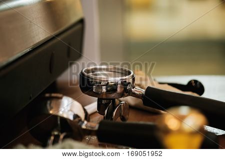 Selective focus Fresh coffee equipment on wood desk for Barista Cafe in coffee shop.