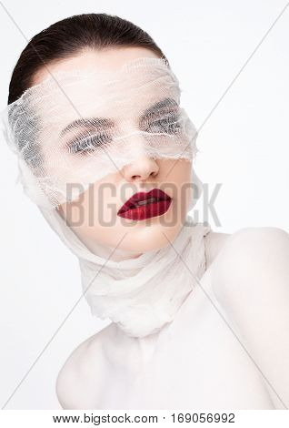 Beauty makeup plastic surgery white bandage model contept on white background